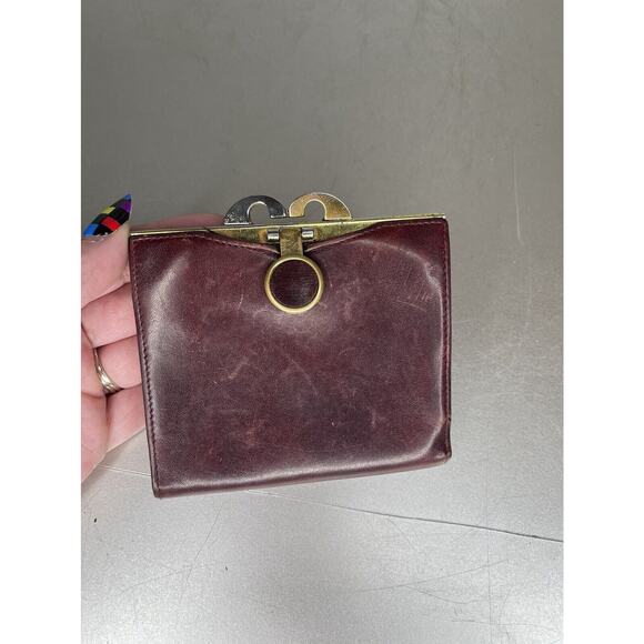 Vintage 70s Burgundy Small Leather Card Wallet Coin Purse Two Tone Silver Gold - Picture 1 of 7